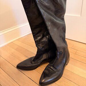 100% Authentic NEW PRADA Women's Black Crackled Leather Tall Flat Boot EU 39